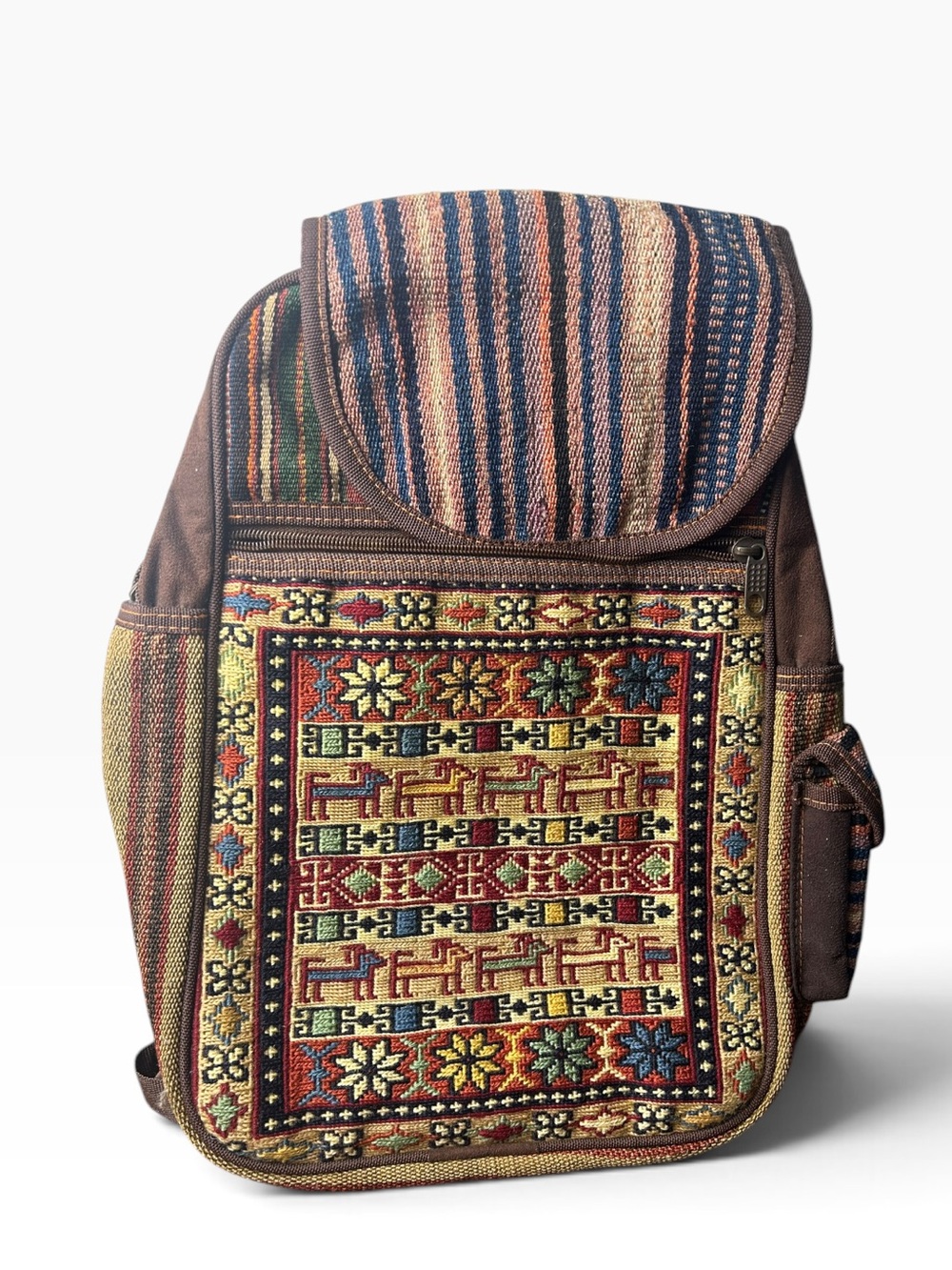 Woven Tapestry Backpack with Geometric Rug Pattern